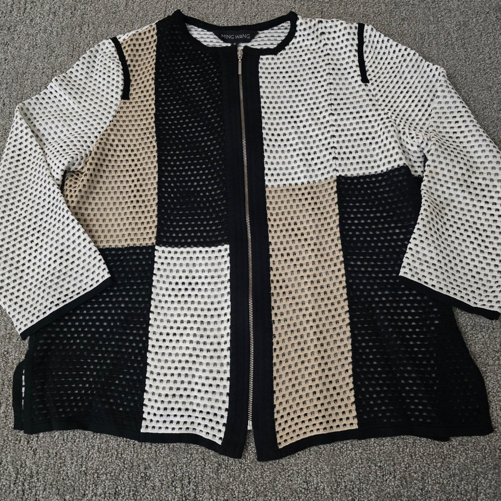 Ming Wang Colorblock Zip Front Knit Jacket Black White Tan Open Weave Size S